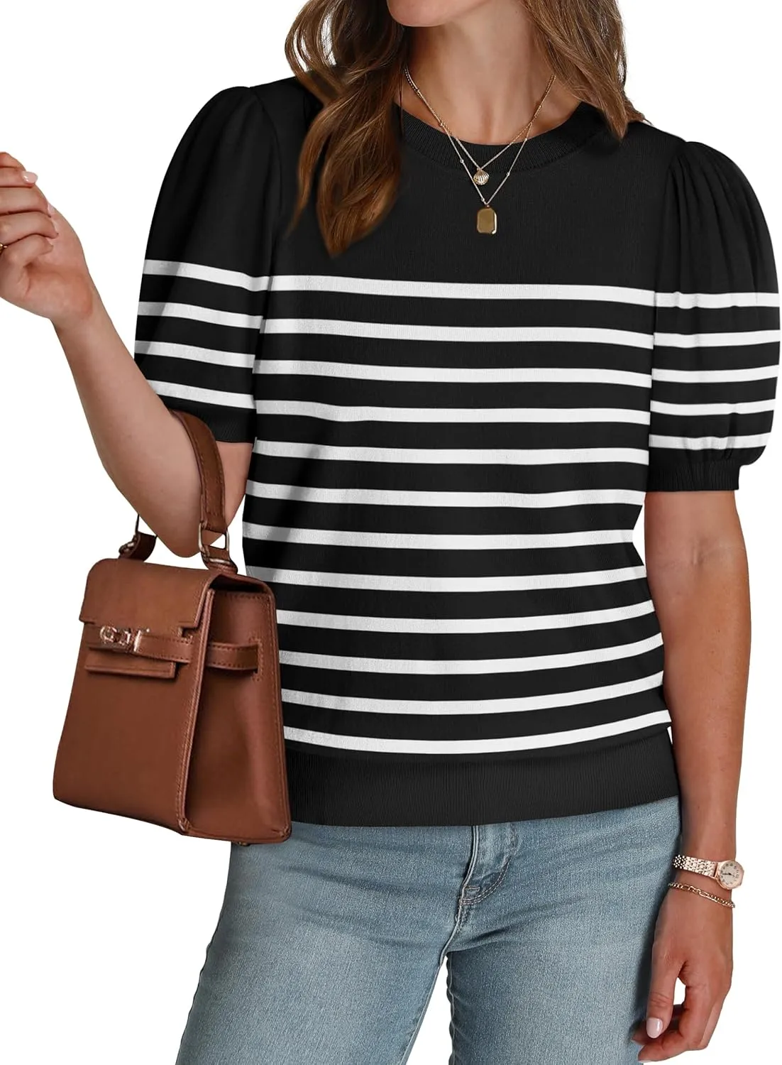 WIHOLL Women's Puff Short Sleeve Sweater 2025 Spring Summer Tops Trendy Business Casual Outfits Work Blouses Clothes
