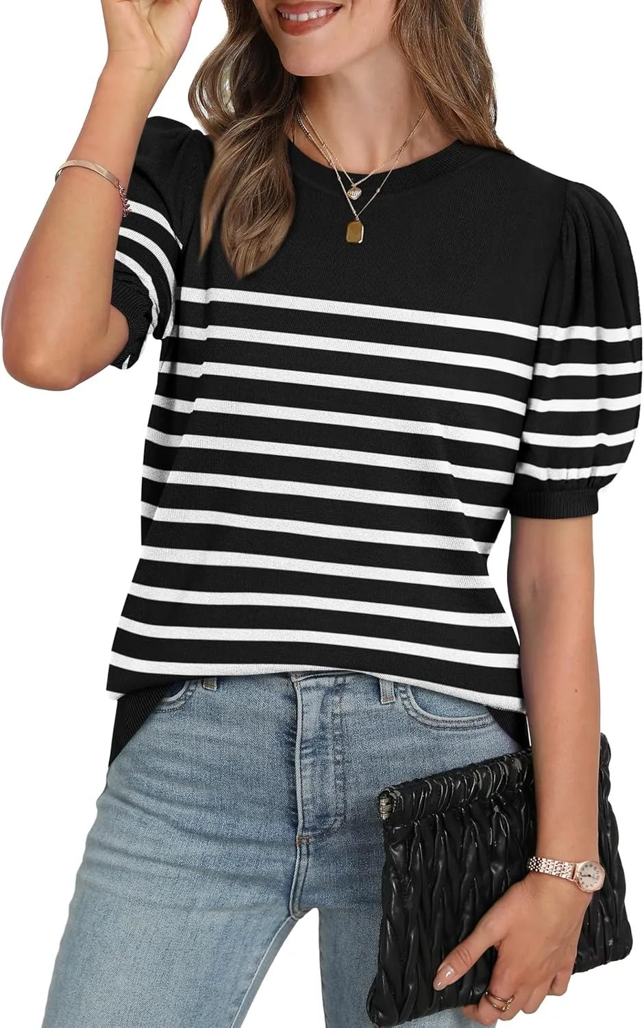 WIHOLL Women's Puff Short Sleeve Sweater 2025 Spring Summer Tops Trendy Business Casual Outfits Work Blouses Clothes