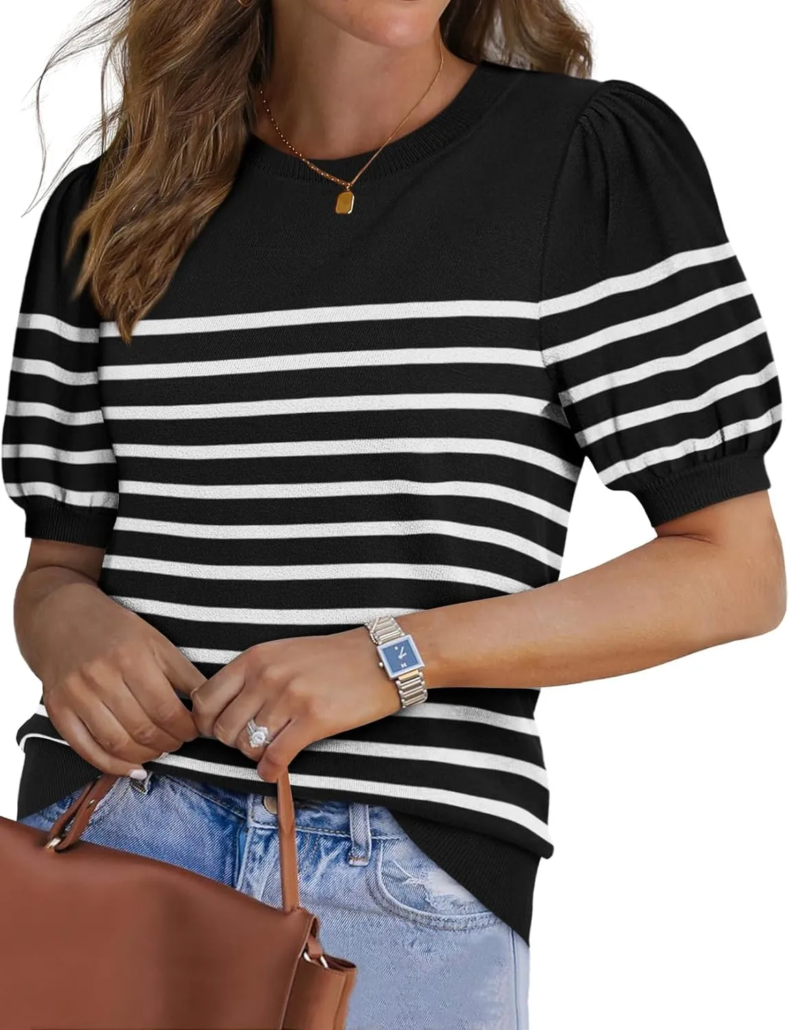WIHOLL Women's Puff Short Sleeve Sweater 2025 Spring Summer Tops Trendy Business Casual Outfits Work Blouses Clothes