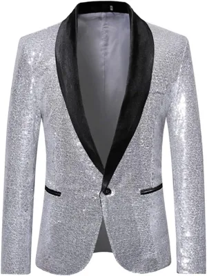 Wine Red Shiny Sequin Blazer Men Slim Fit Single Breasted Suit Blazer Jacket