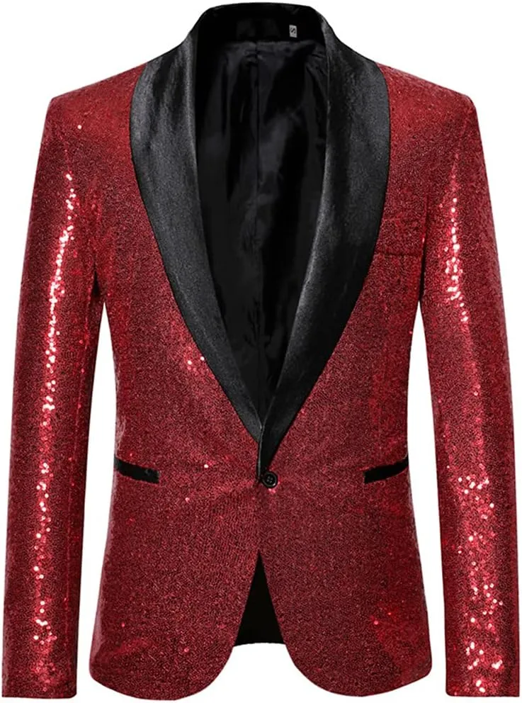 Wine Red Shiny Sequin Blazer Men Slim Fit Single Breasted Suit Blazer Jacket