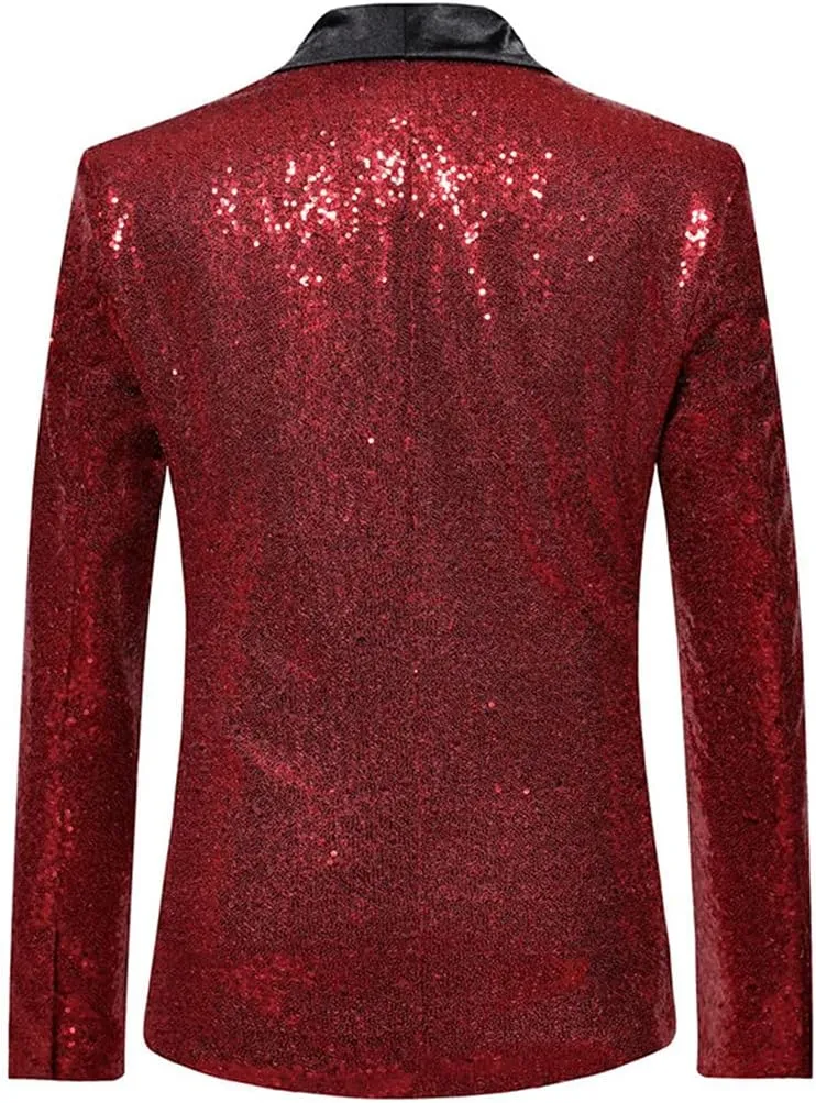 Wine Red Shiny Sequin Blazer Men Slim Fit Single Breasted Suit Blazer Jacket