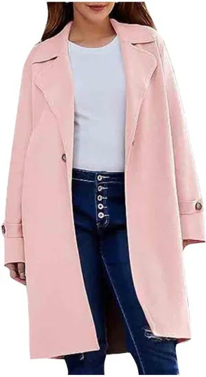 Winter Wool Blend Mid-Long Trench Coat for Women Notch Single-Breasted Oversized Lapel Lightweight Jacket Outwear