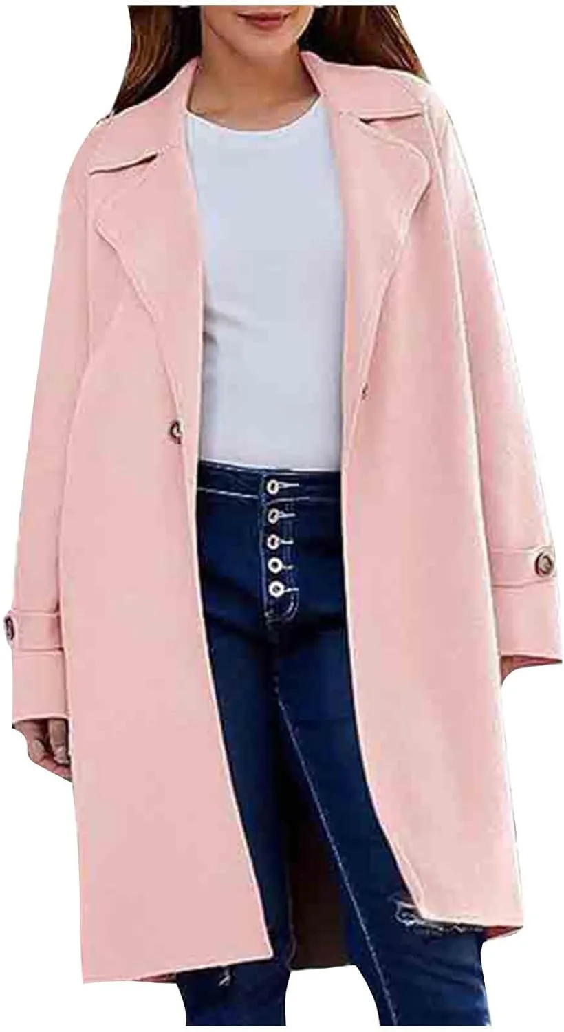 Winter Wool Blend Mid-Long Trench Coat for Women Notch Single-Breasted Oversized Lapel Lightweight Jacket Outwear