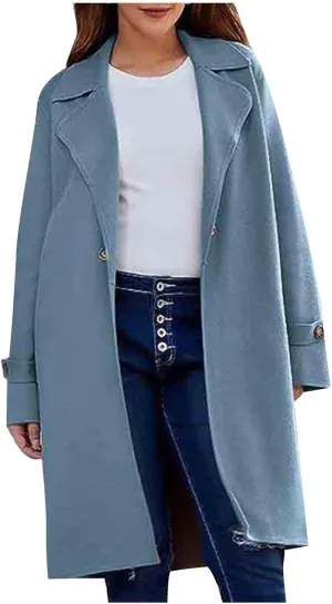 Winter Wool Blend Mid-Long Trench Coat for Women Notch Single-Breasted Oversized Lapel Lightweight Jacket Outwear