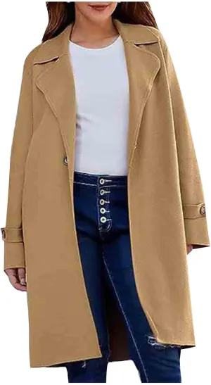 Winter Wool Blend Mid-Long Trench Coat for Women Notch Single-Breasted Oversized Lapel Lightweight Jacket Outwear