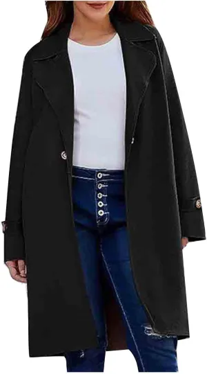 Winter Wool Blend Mid-Long Trench Coat for Women Notch Single-Breasted Oversized Lapel Lightweight Jacket Outwear