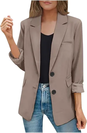 Women Blazer Jackets Solid Color Long Sleeved Lapel Tailored Jackets with Pockets Lightweight Office Work Suit Coat