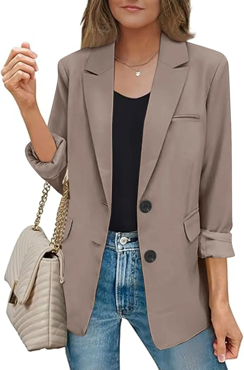 Women Blazer Jackets Solid Color Long Sleeved Lapel Tailored Jackets with Pockets Lightweight Office Work Suit Coat
