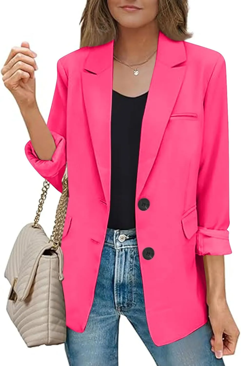 Women Blazer Jackets Solid Color Long Sleeved Lapel Tailored Jackets with Pockets Lightweight Office Work Suit Coat