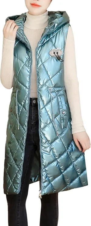 Women Casual Solid Jacket Hooded Vest Zipper Pocket Loose Sleeveless Jacket Long Coat Chambray Utility Jacket