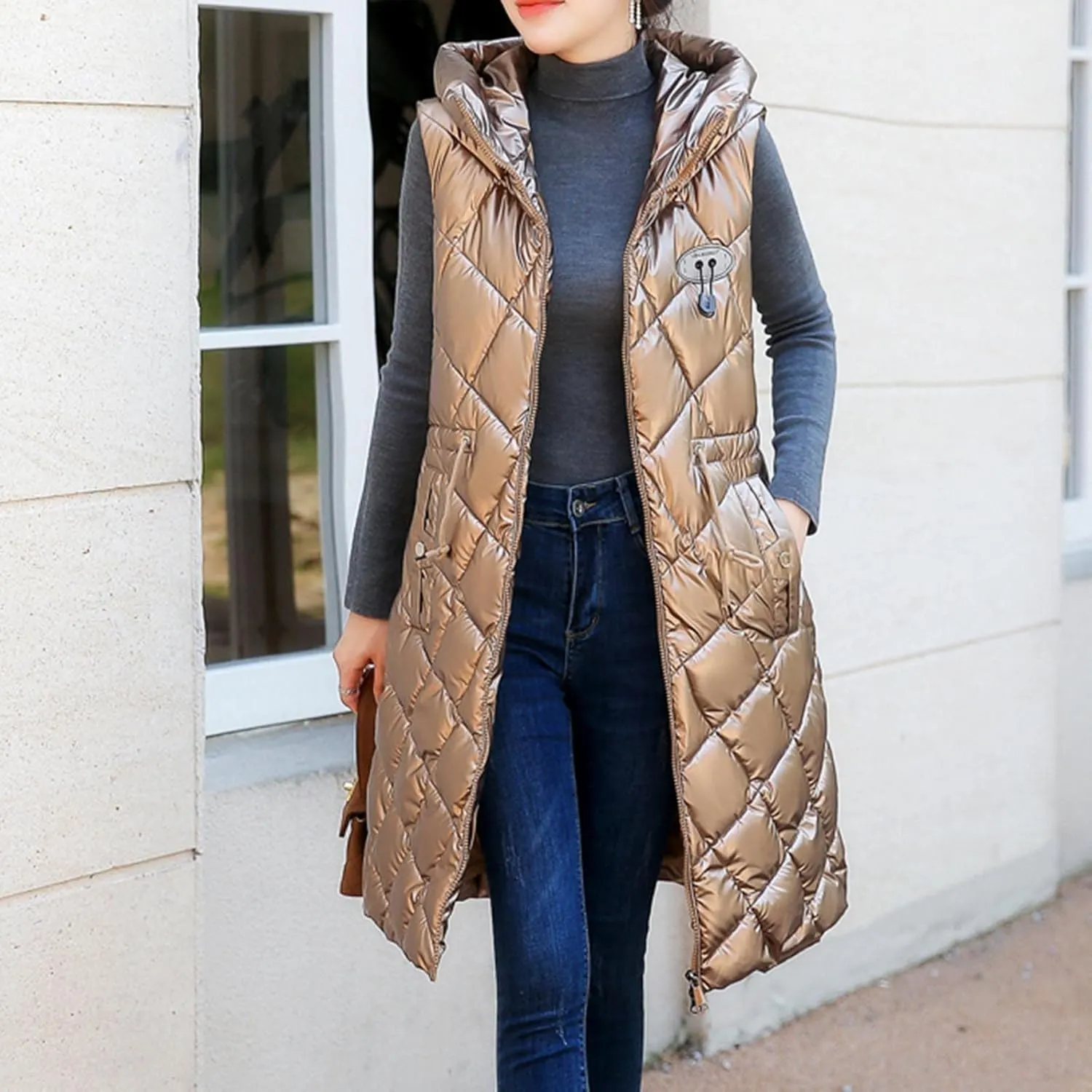 Women Casual Solid Jacket Hooded Vest Zipper Pocket Loose Sleeveless Jacket Long Coat Chambray Utility Jacket