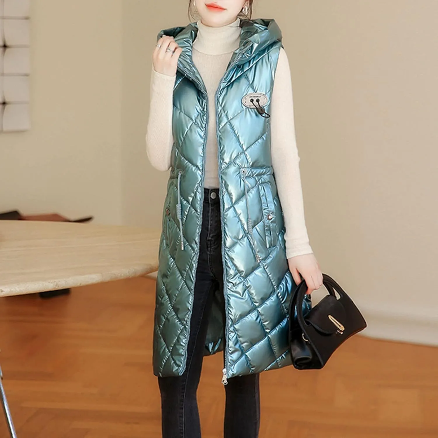 Women Casual Solid Jacket Hooded Vest Zipper Pocket Loose Sleeveless Jacket Long Coat Chambray Utility Jacket