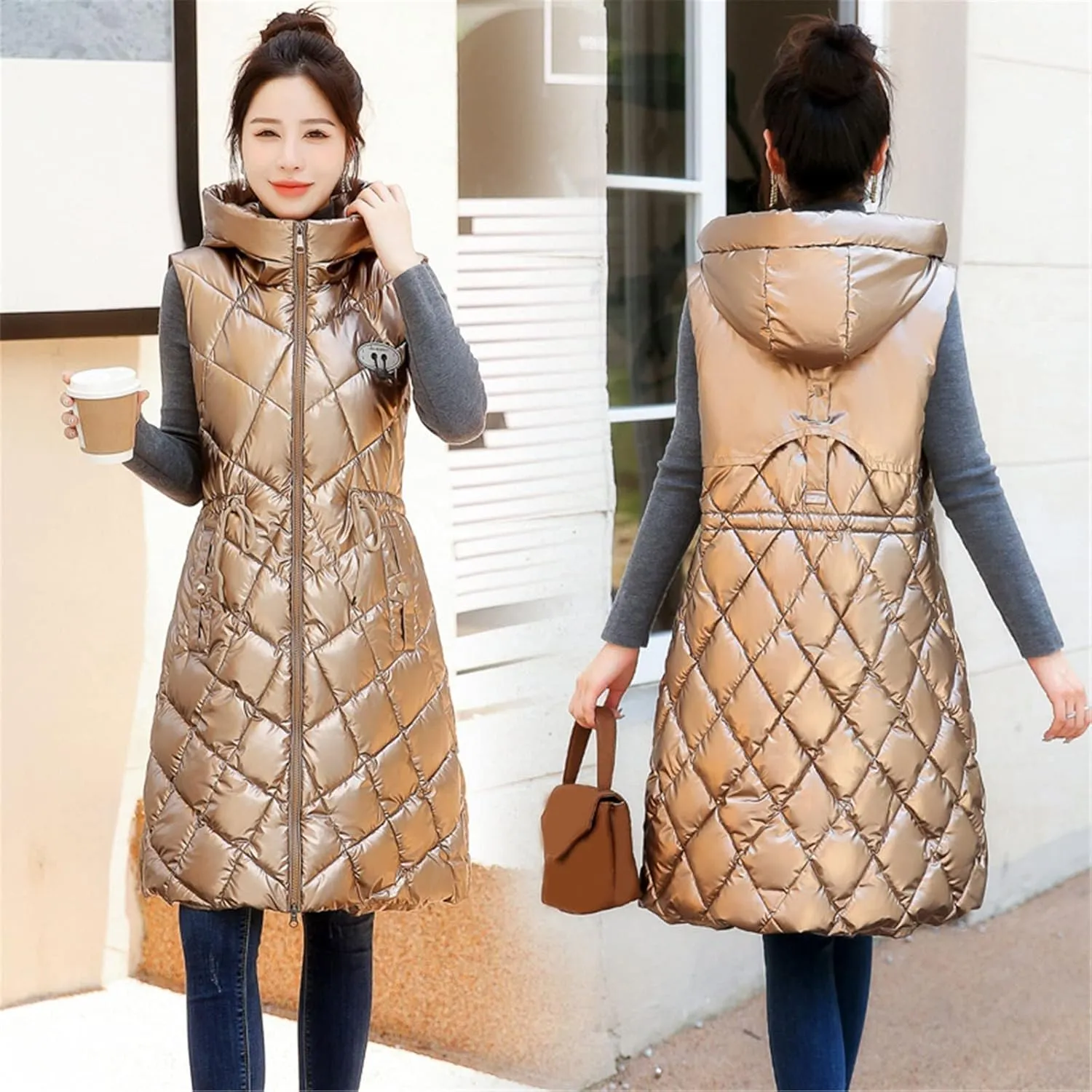 Women Casual Solid Jacket Hooded Vest Zipper Pocket Loose Sleeveless Jacket Long Coat Chambray Utility Jacket