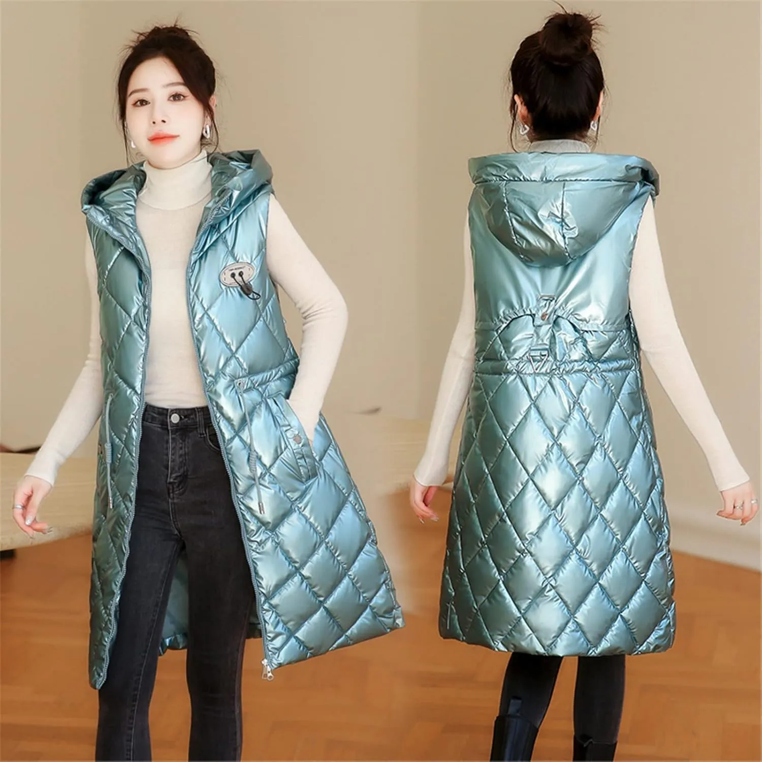 Women Casual Solid Jacket Hooded Vest Zipper Pocket Loose Sleeveless Jacket Long Coat Chambray Utility Jacket