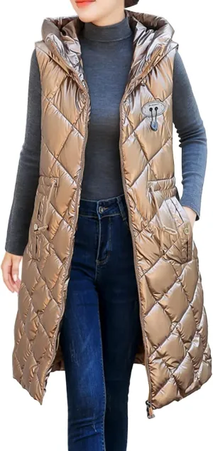 Women Casual Solid Jacket Hooded Vest Zipper Pocket Loose Sleeveless Jacket Long Coat Chambray Utility Jacket