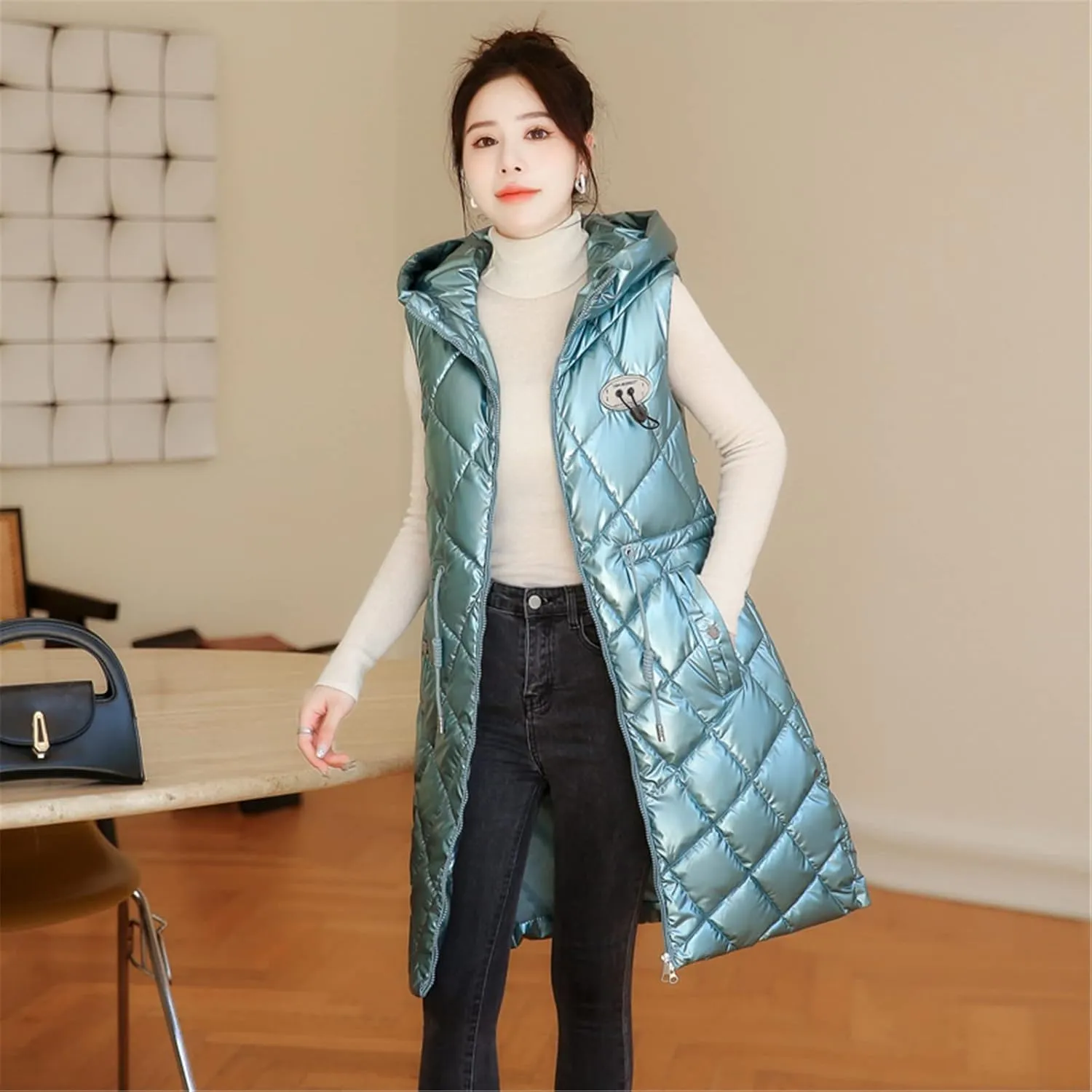 Women Casual Solid Jacket Hooded Vest Zipper Pocket Loose Sleeveless Jacket Long Coat Chambray Utility Jacket