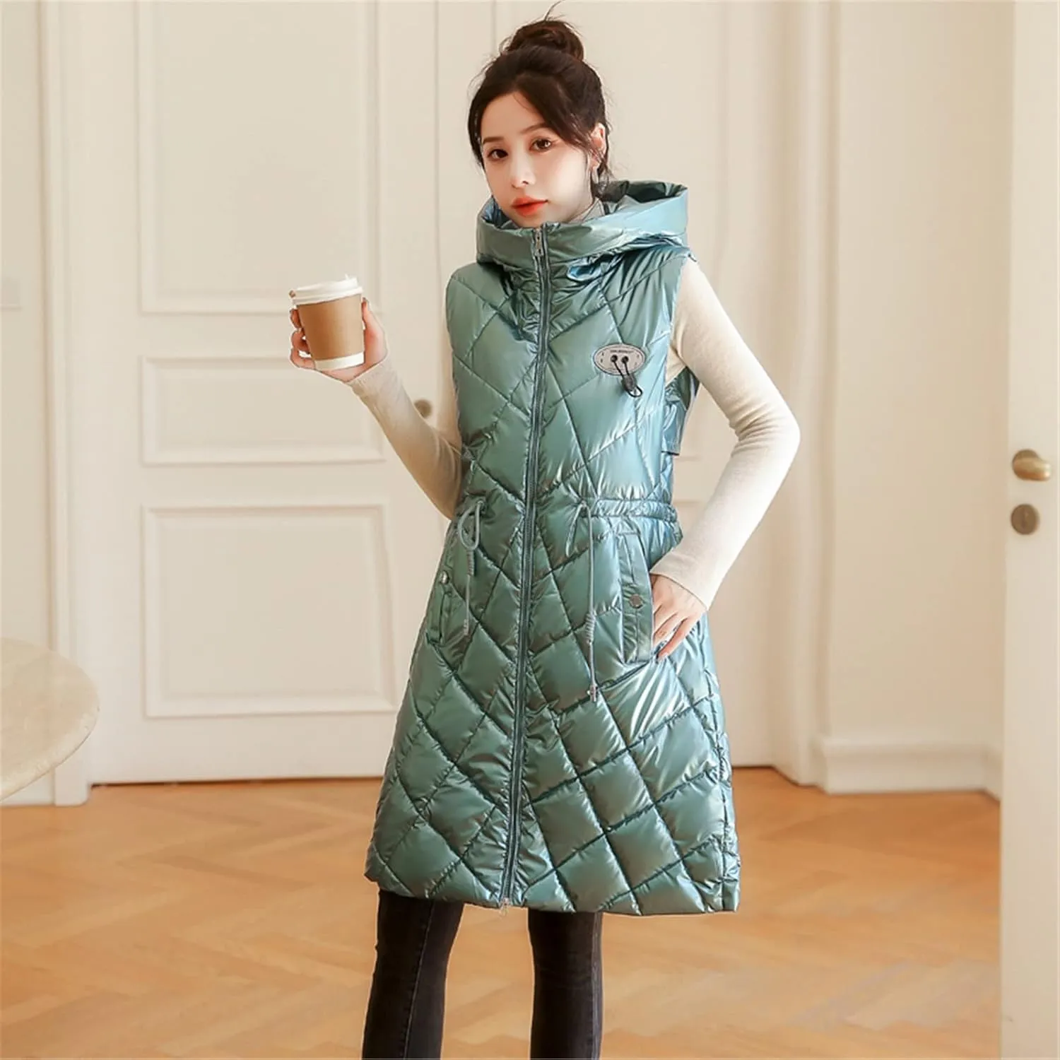 Women Casual Solid Jacket Hooded Vest Zipper Pocket Loose Sleeveless Jacket Long Coat Chambray Utility Jacket