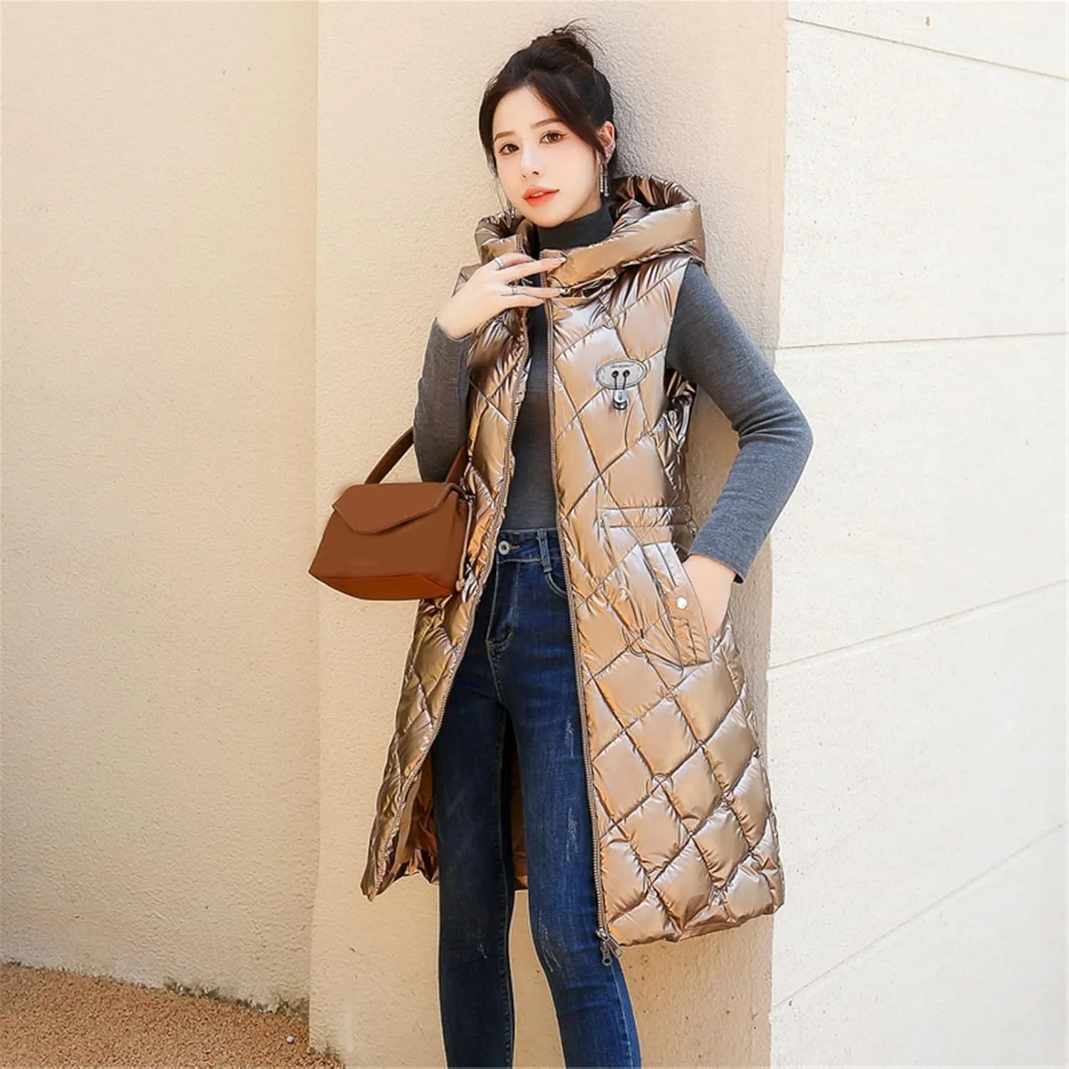 Women Casual Solid Jacket Hooded Vest Zipper Pocket Loose Sleeveless Jacket Long Coat Chambray Utility Jacket