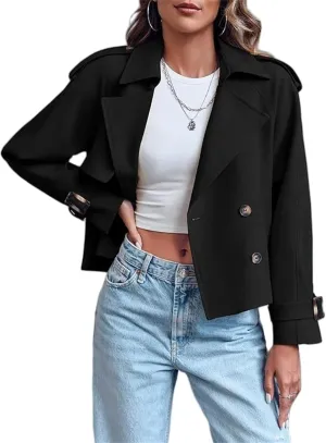 Women Crop Double Breasted Trench Coat Oversized Double Breasted Lapel Long Sleeve Short Jacket Fashion Outerwear