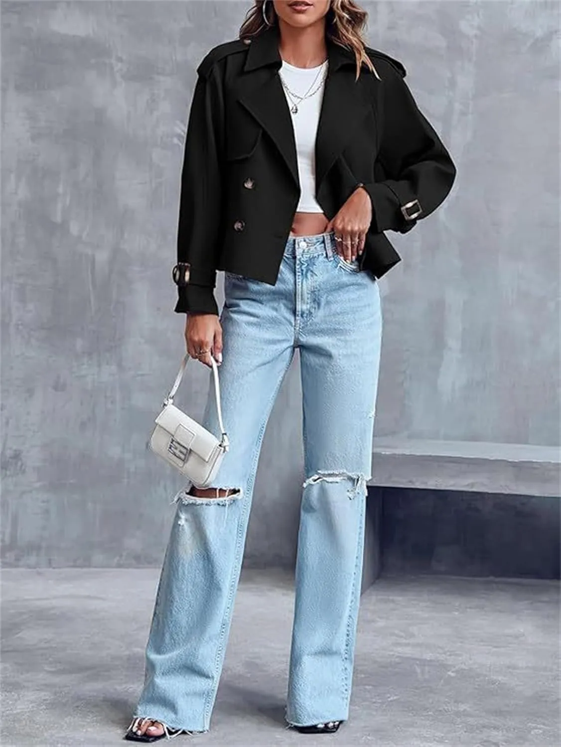 Women Crop Double Breasted Trench Coat Oversized Double Breasted Lapel Long Sleeve Short Jacket Fashion Outerwear