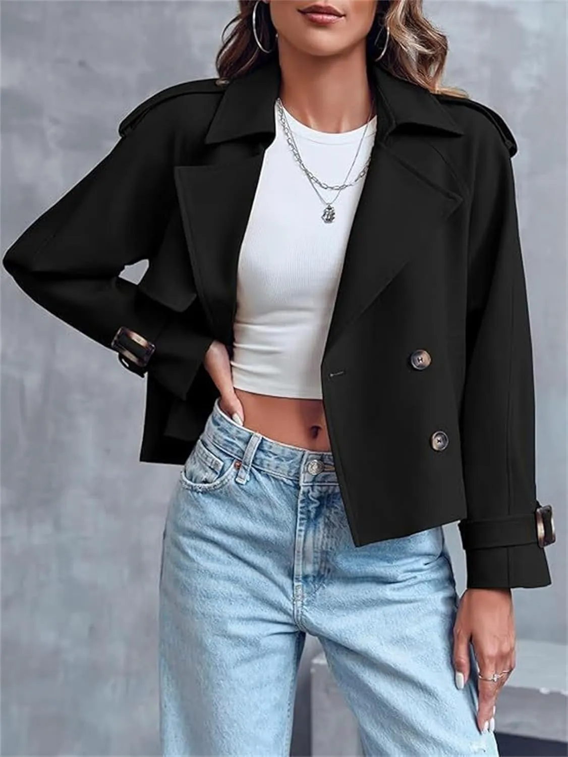 Women Crop Double Breasted Trench Coat Oversized Double Breasted Lapel Long Sleeve Short Jacket Fashion Outerwear