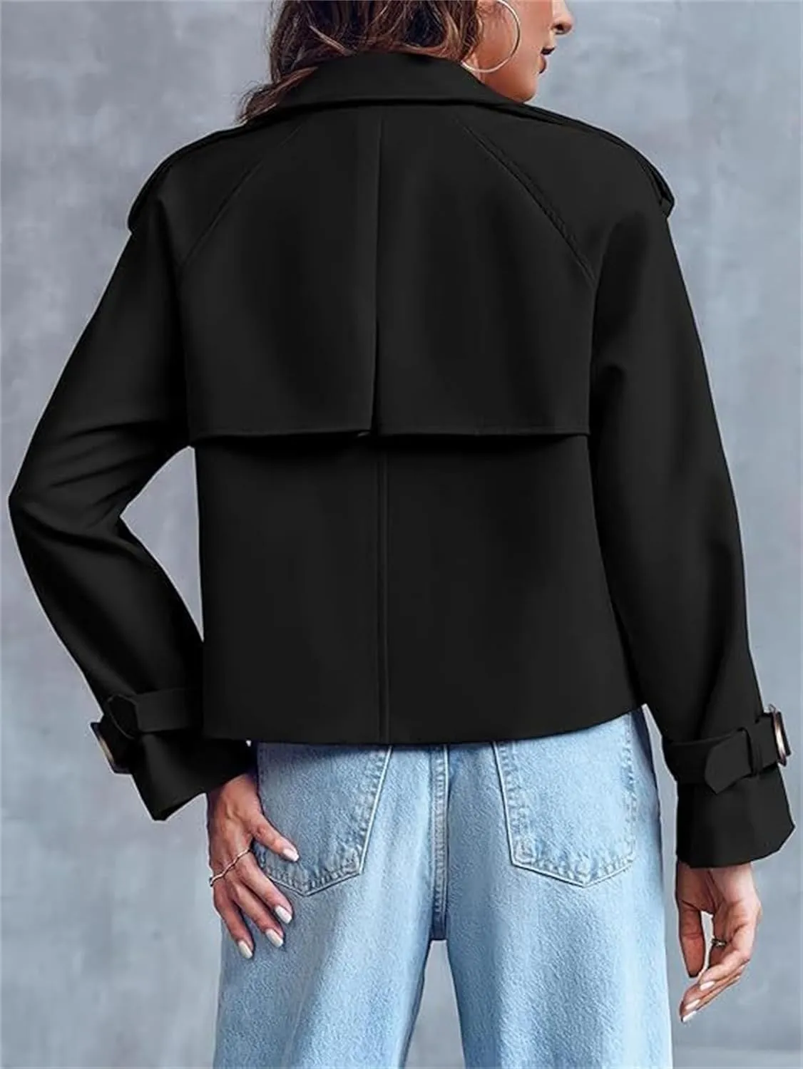 Women Crop Double Breasted Trench Coat Oversized Double Breasted Lapel Long Sleeve Short Jacket Fashion Outerwear