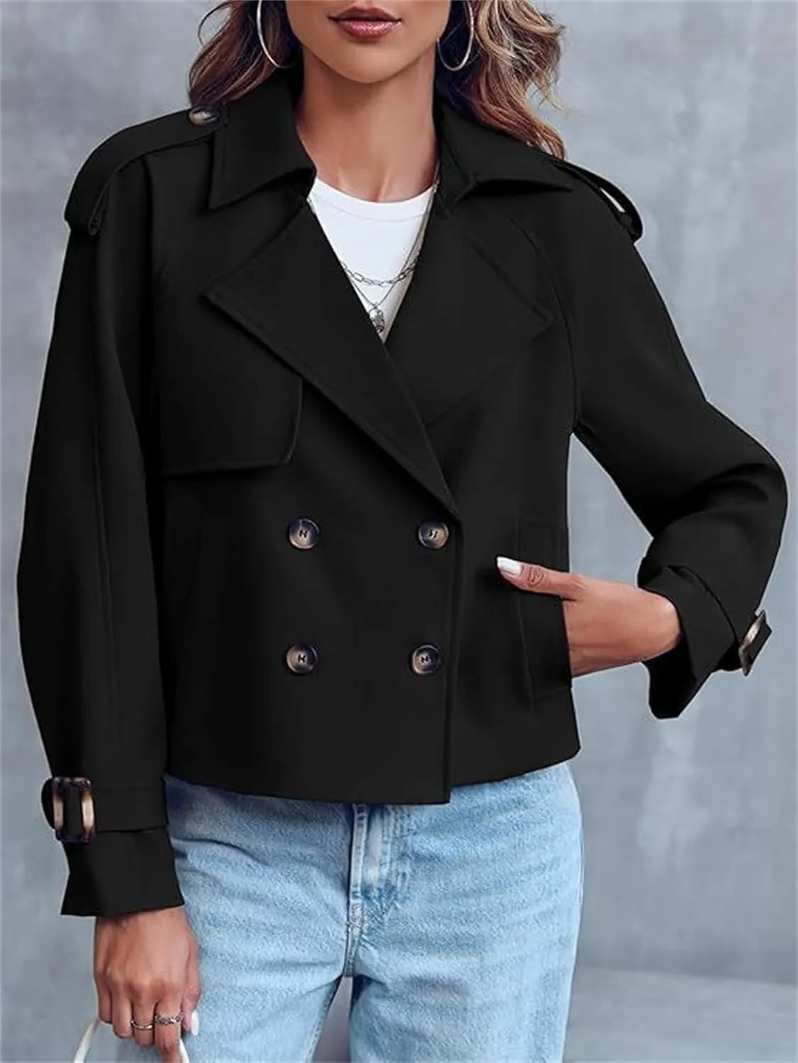 Women Crop Double Breasted Trench Coat Oversized Double Breasted Lapel Long Sleeve Short Jacket Fashion Outerwear