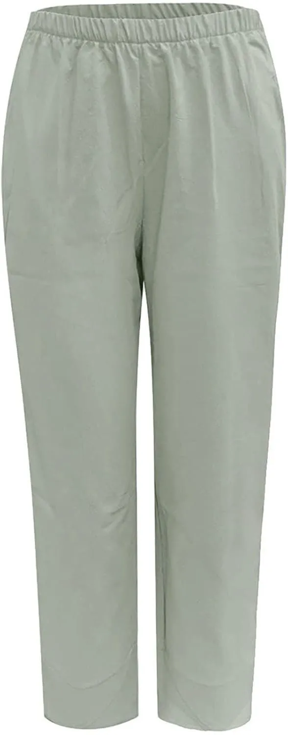 Women High Rise Casual Solid Linen Dressy Capri Pants 2024 Summer Casual Pants Cropped Tapered Travel Beach Outfits
