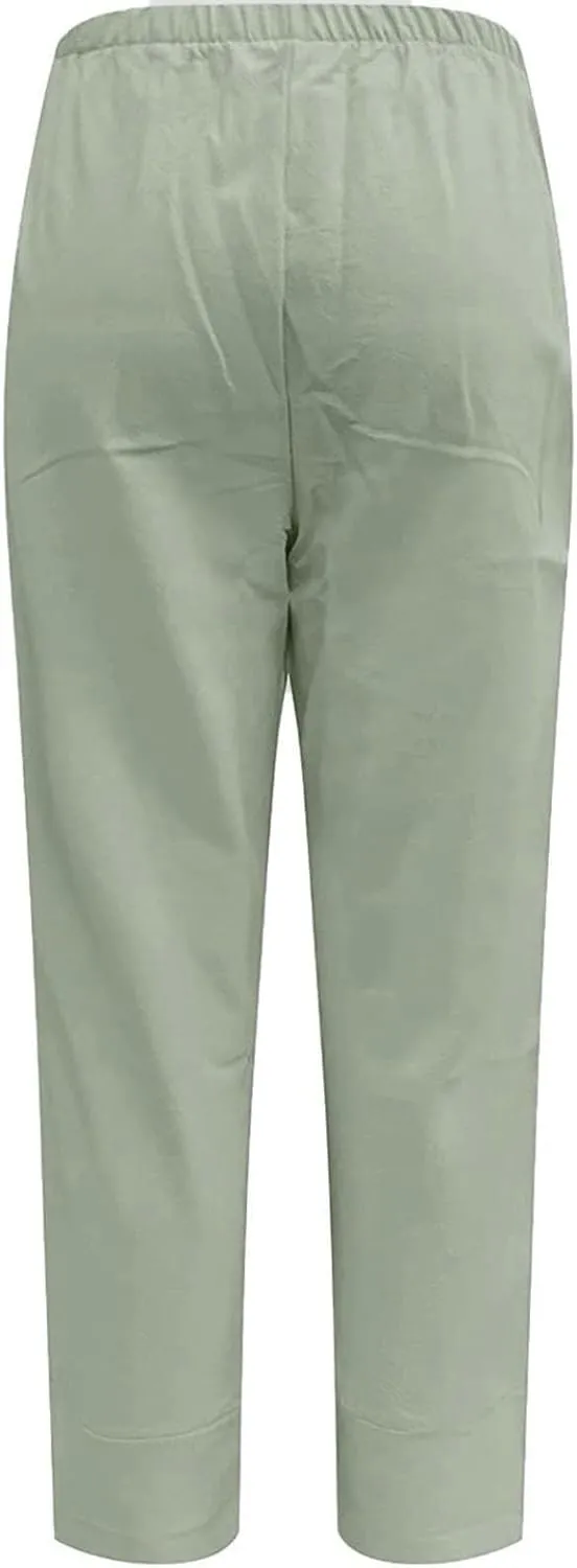 Women High Rise Casual Solid Linen Dressy Capri Pants 2024 Summer Casual Pants Cropped Tapered Travel Beach Outfits