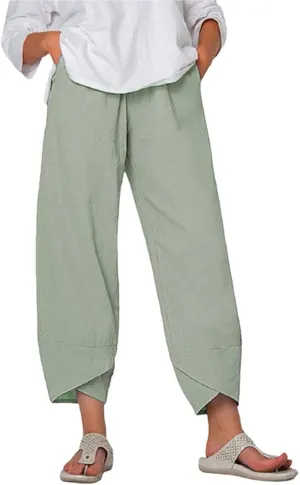 Women High Rise Casual Solid Linen Dressy Capri Pants 2024 Summer Casual Pants Cropped Tapered Travel Beach Outfits