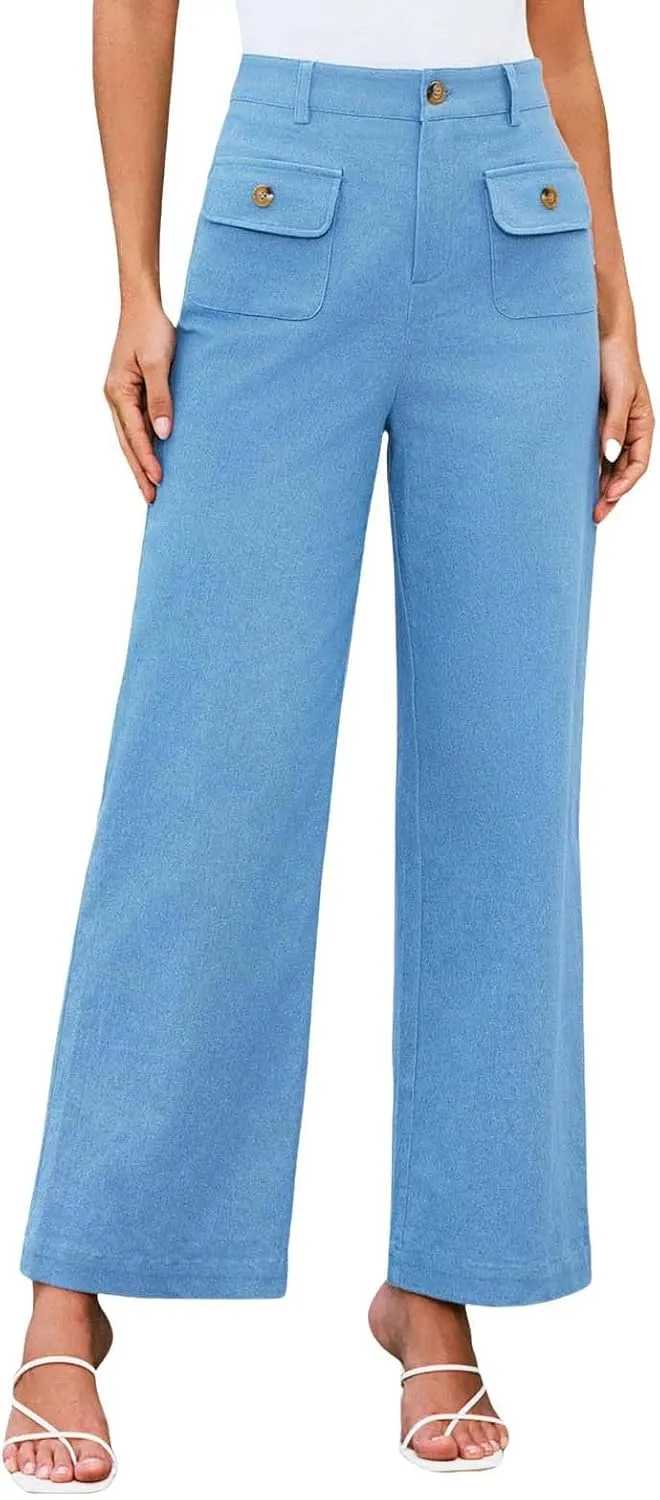 Women High Waist Wide Leg Pants Stretchy Solid Color Tummy Control Trousers Business Work Casual Pants with Pockets