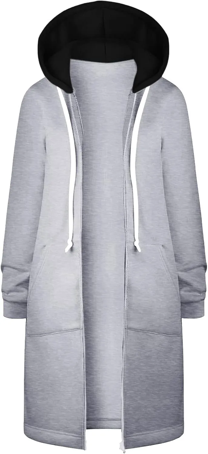 Women Longline Zip Up Hoodies Jackets Fleece Lined Long Sweatshirt Coats Loose Patchwork Hooded Jacket Outerwear