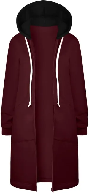 Women Longline Zip Up Hoodies Jackets Fleece Lined Long Sweatshirt Coats Loose Patchwork Hooded Jacket Outerwear