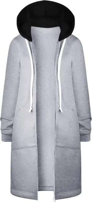 Women Longline Zip Up Hoodies Jackets Fleece Lined Long Sweatshirt Coats Loose Patchwork Hooded Jacket Outerwear