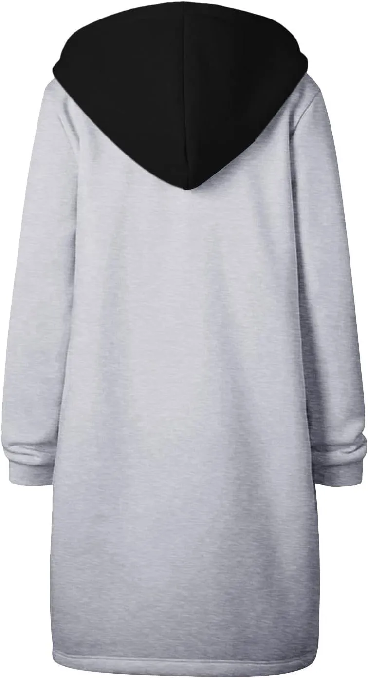 Women Longline Zip Up Hoodies Jackets Fleece Lined Long Sweatshirt Coats Loose Patchwork Hooded Jacket Outerwear