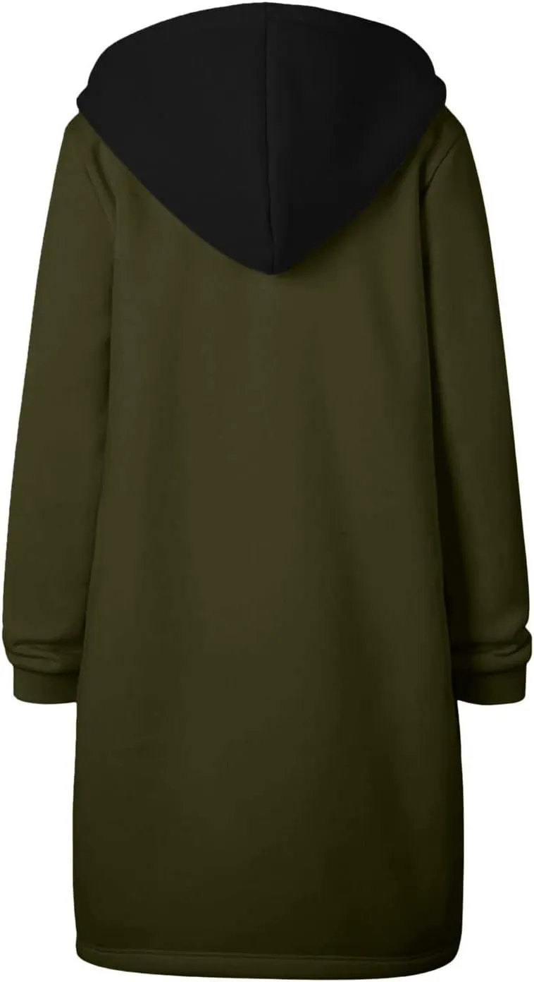 Women Longline Zip Up Hoodies Jackets Fleece Lined Long Sweatshirt Coats Loose Patchwork Hooded Jacket Outerwear