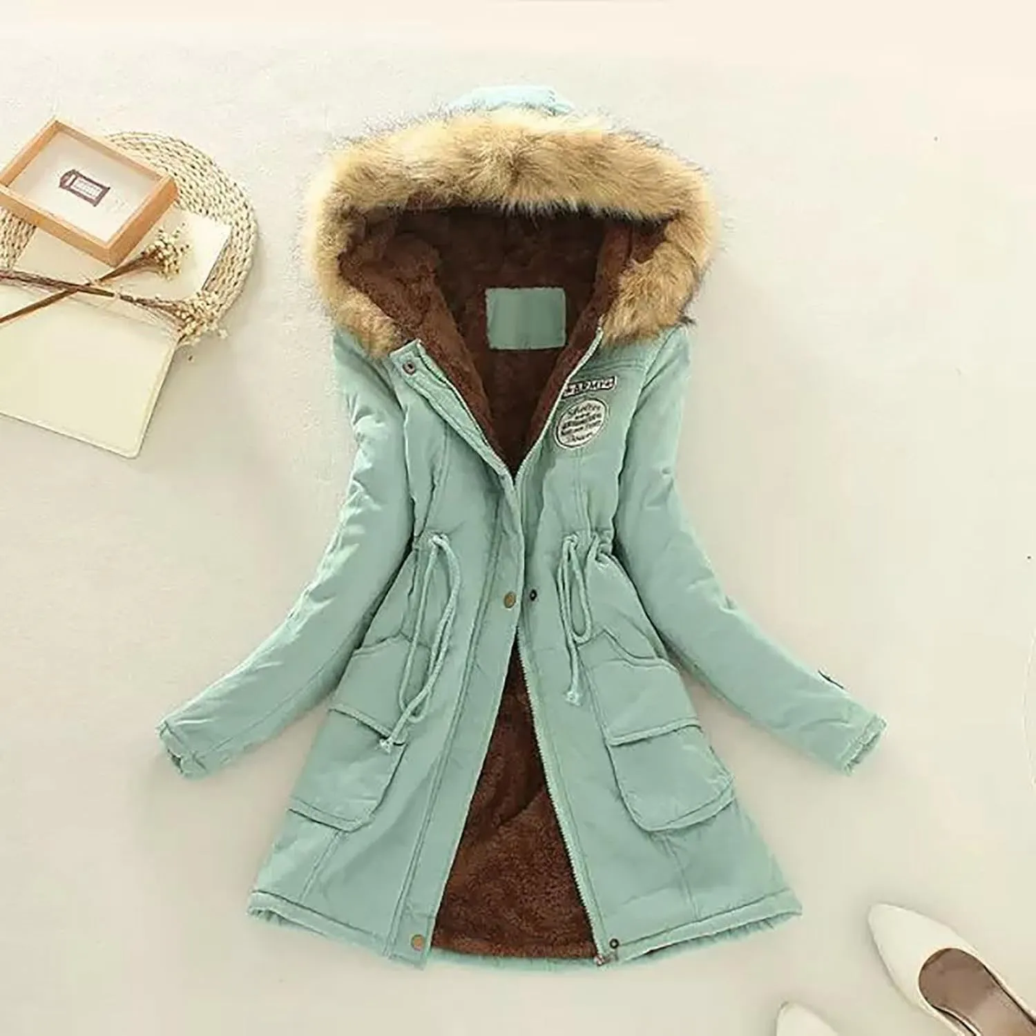 Women Sherpa Lined Jacket Classic Fit Mid-Length Long Sleeve Hooded Jacket Full Zip Open Front Loose Cardigans Coat