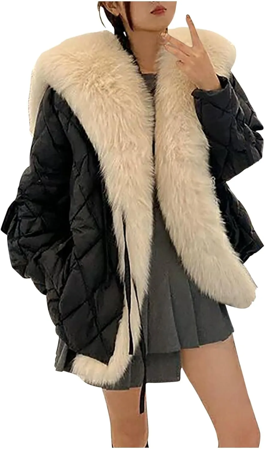 Women Thicken Warm Winter Puffer Coat Shawl Collar Down Parka Faux Fur Outdoor Overcoat Oversized Down Jacket Outwear