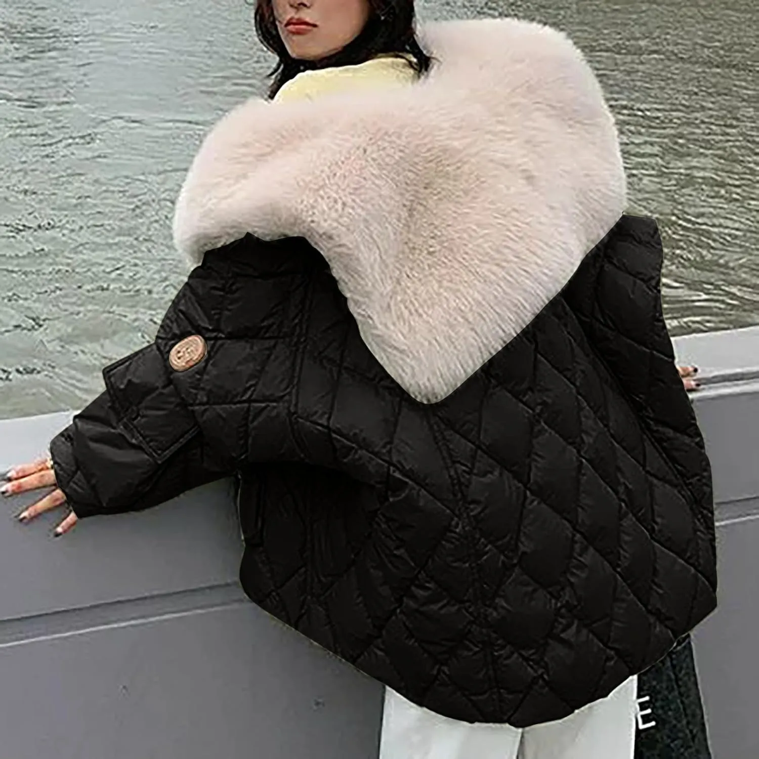 Women Thicken Warm Winter Puffer Coat Shawl Collar Down Parka Faux Fur Outdoor Overcoat Oversized Down Jacket Outwear