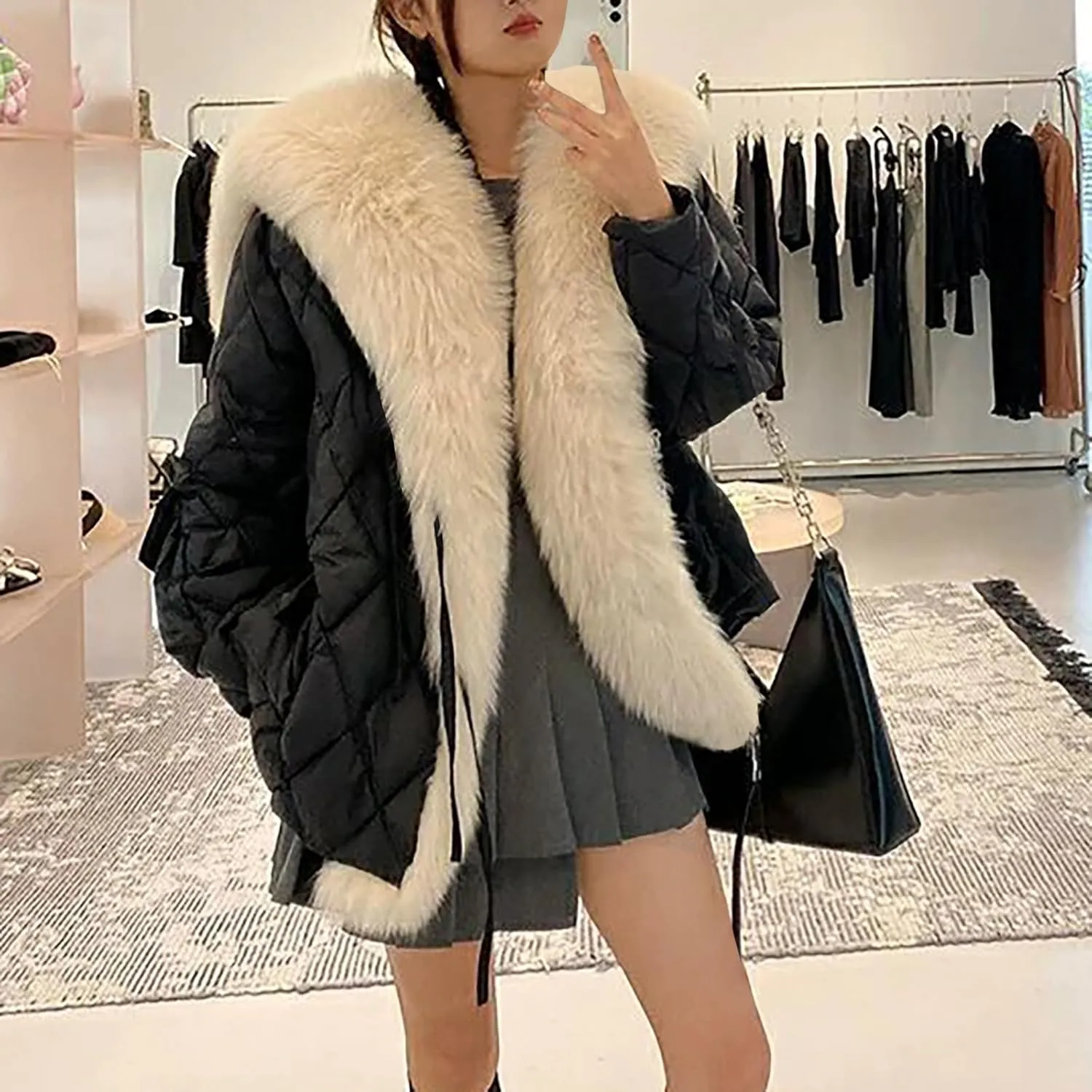 Women Thicken Warm Winter Puffer Coat Shawl Collar Down Parka Faux Fur Outdoor Overcoat Oversized Down Jacket Outwear