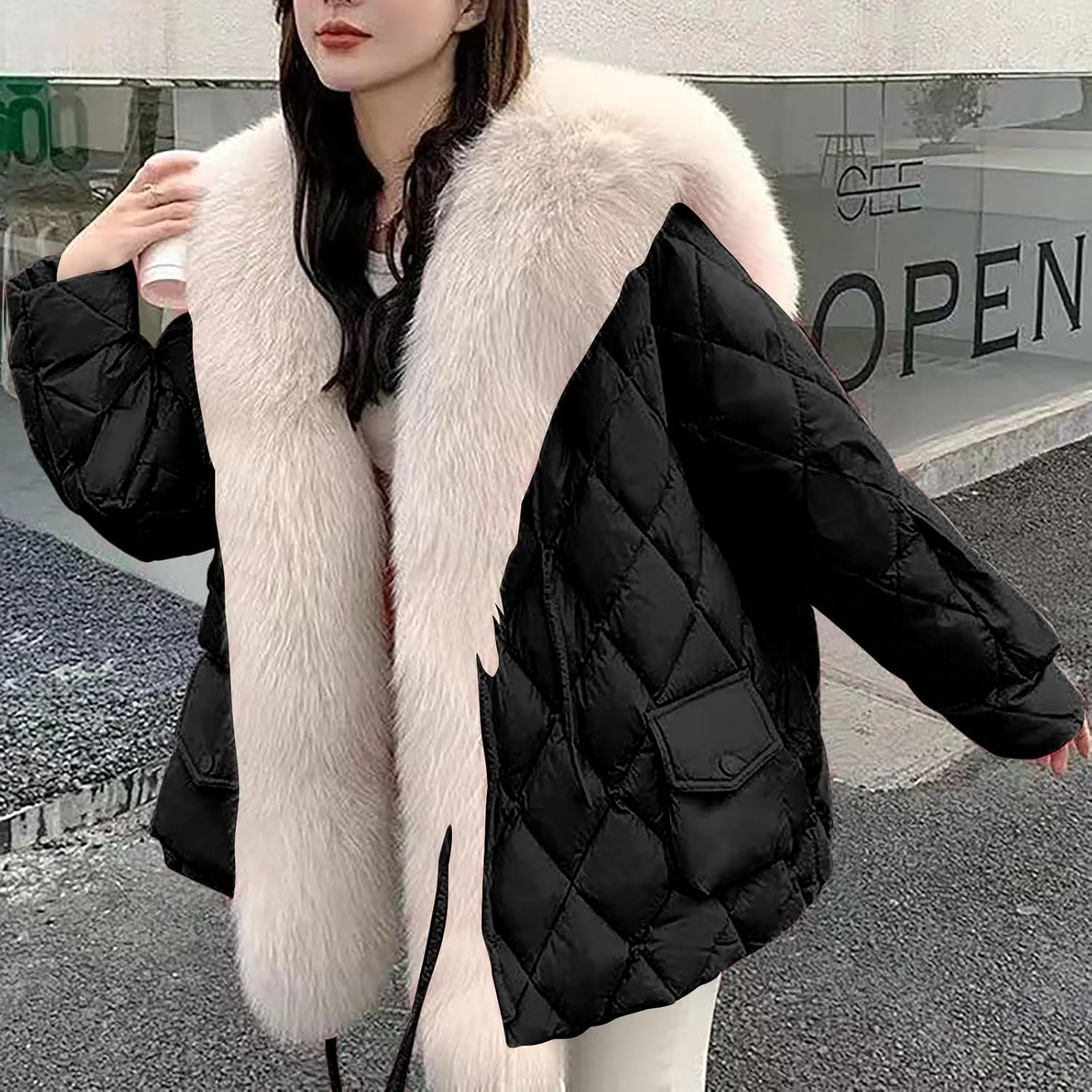 Women Thicken Warm Winter Puffer Coat Shawl Collar Down Parka Faux Fur Outdoor Overcoat Oversized Down Jacket Outwear