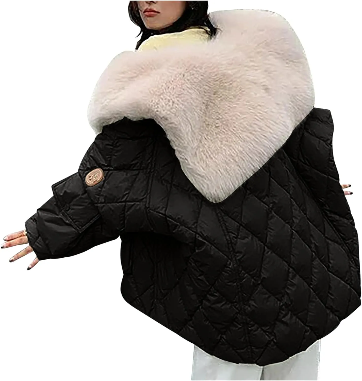 Women Thicken Warm Winter Puffer Coat Shawl Collar Down Parka Faux Fur Outdoor Overcoat Oversized Down Jacket Outwear