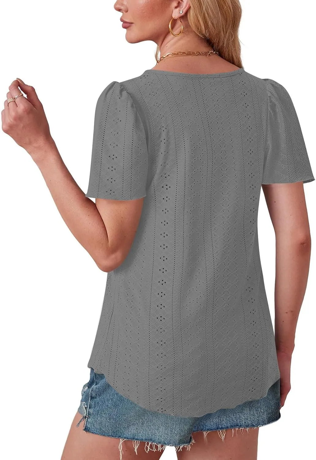 Women Tshirts Short Puff Sleeve Fish Net Crew Neck Tops Thin Breathable Loose Basic Shirt Summer Tee for Women 2025
