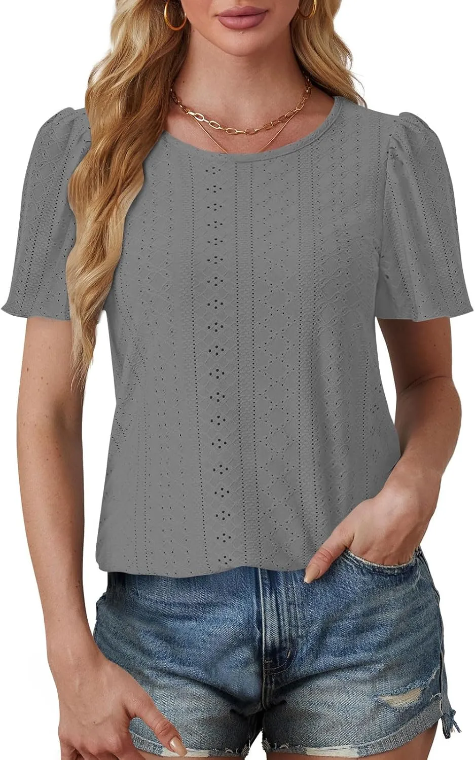 Women Tshirts Short Puff Sleeve Fish Net Crew Neck Tops Thin Breathable Loose Basic Shirt Summer Tee for Women 2025