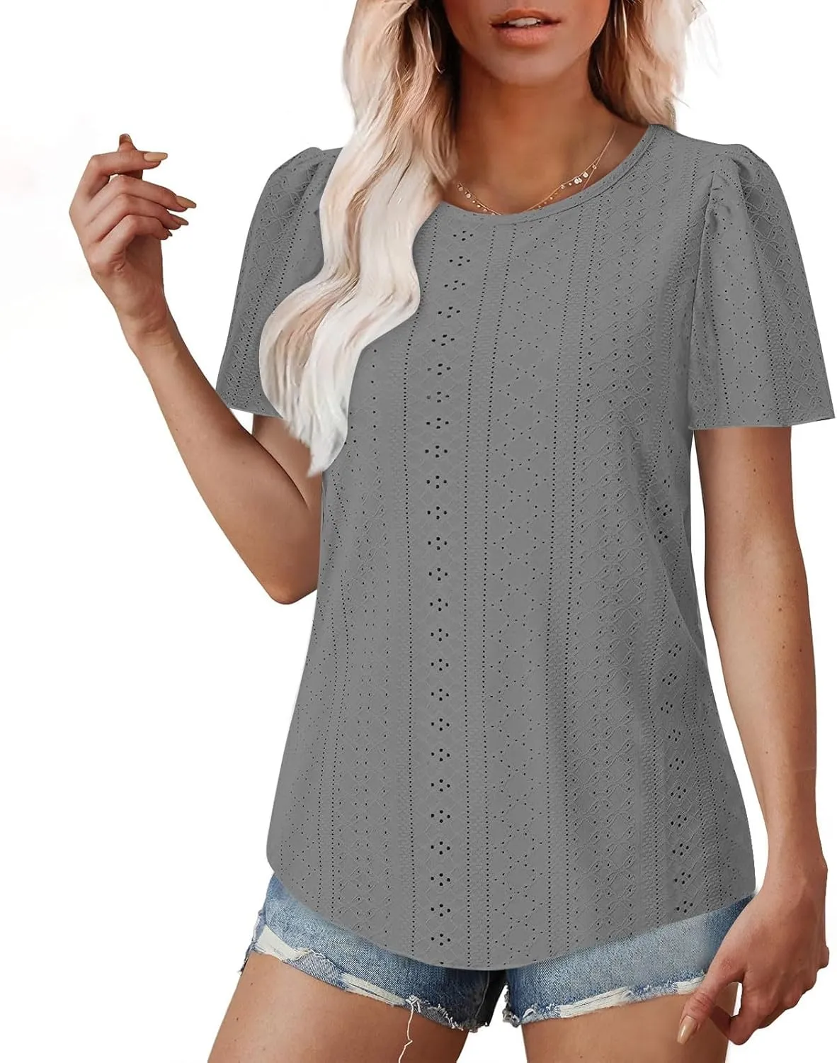 Women Tshirts Short Puff Sleeve Fish Net Crew Neck Tops Thin Breathable Loose Basic Shirt Summer Tee for Women 2025