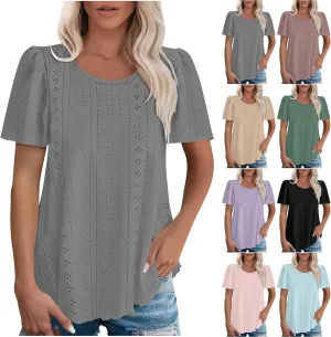 Women Tshirts Short Puff Sleeve Fish Net Crew Neck Tops Thin Breathable Loose Basic Shirt Summer Tee for Women 2025