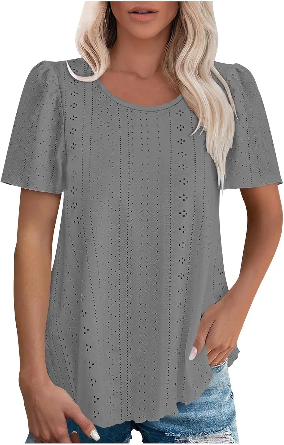 Women Tshirts Short Puff Sleeve Fish Net Crew Neck Tops Thin Breathable Loose Basic Shirt Summer Tee for Women 2025