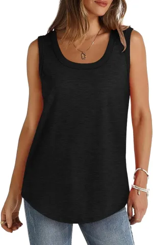Women Tunic Tank Tops Summer Ribbed Trim Sleeveless T-Shirts Casual Crewneck Curved Hem Flowy Loose Fit Tanks Shirts