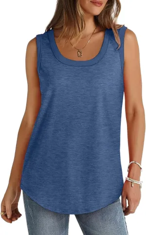 Women Tunic Tank Tops Summer Ribbed Trim Sleeveless T-Shirts Casual Crewneck Curved Hem Flowy Loose Fit Tanks Shirts